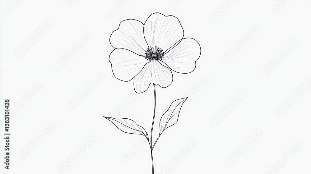 Naklejka premium Line art drawing Simple flower with petals and stem on white, minimalist wallpaper