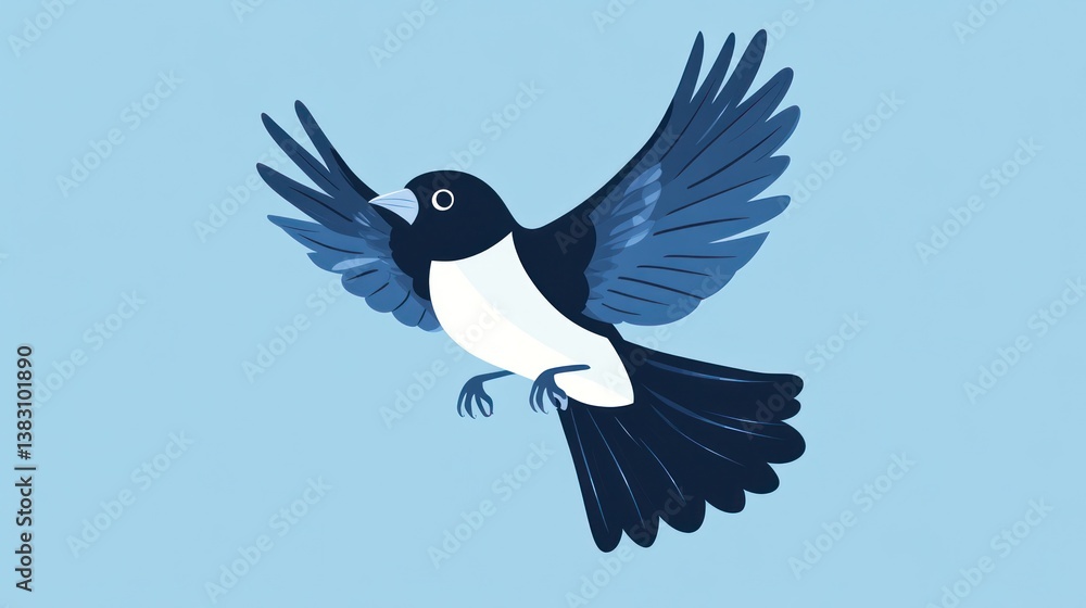 Naklejka premium Magpie flies in blue sky, wildlife concept, background simple, nature illustration
