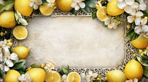 Lemons, flowers, ornate frame, blank space, food background