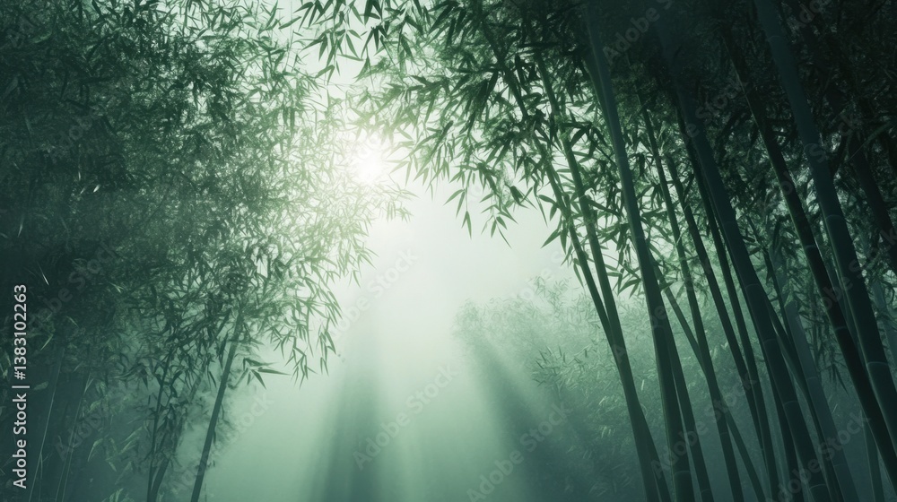 Naklejka premium A misty bamboo forest with soft sunlight.