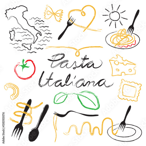 Sammlung von Vektorillustrationen zum Thema italienische Pasta und italienische Küche. Handgezeichnet für Speisekarte oder Dekoration eines Restaurants.