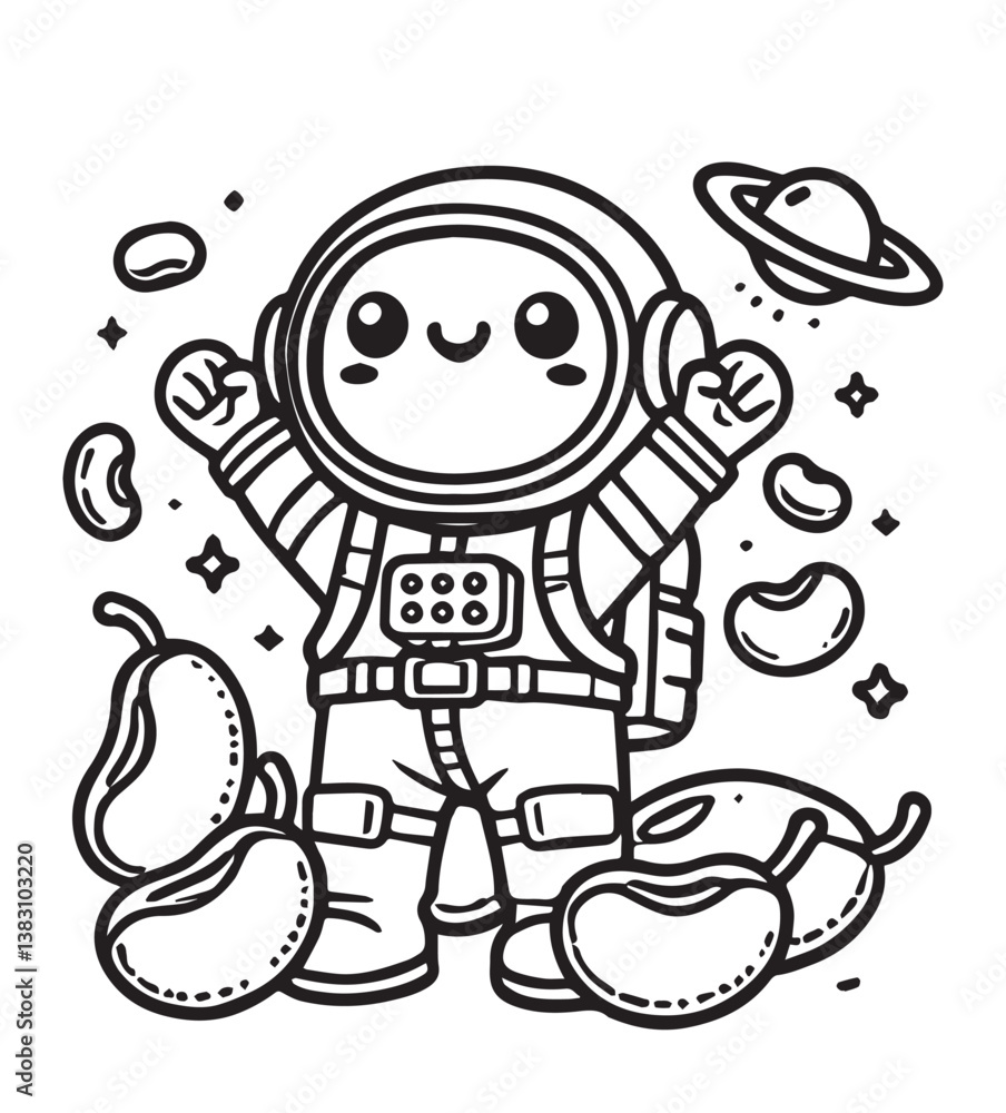 Fototapeta premium Coloring book astronaut bean floating in space amongst other bean shapes
