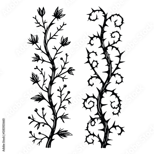 Set of twigs, branches of leaves. Seamless doodle floral pattern. Hand drawn Botanical drawing. Detailed line art of twigs and thorns vine illustration. Outline Simple Stylized Art