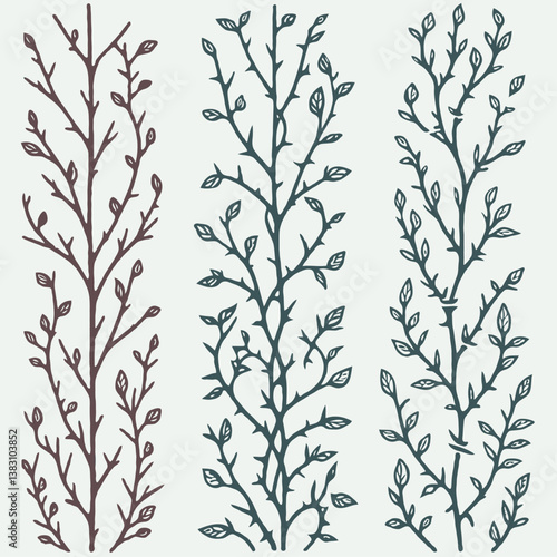 Set of twigs, branches of leaves. Seamless doodle floral pattern. Hand drawn Botanical drawing. Detailed line art of twigs and thorns vine illustration. Outline Simple Stylized Art