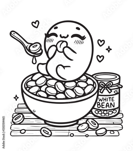Coloring book bean character sitting in a bowl full of white beans, holding a spoonful of beans, with a jar