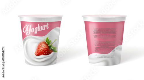 3d realistic vector icon illustration set. Creamy yoghurt container for packaging, strawberry greek yogurt.