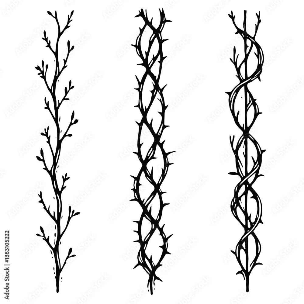 Obraz premium Set of twigs, branches of leaves. Seamless doodle floral pattern. Hand drawn Botanical drawing. Detailed line art of twigs and thorns vine illustration. Outline Simple Stylized Art
