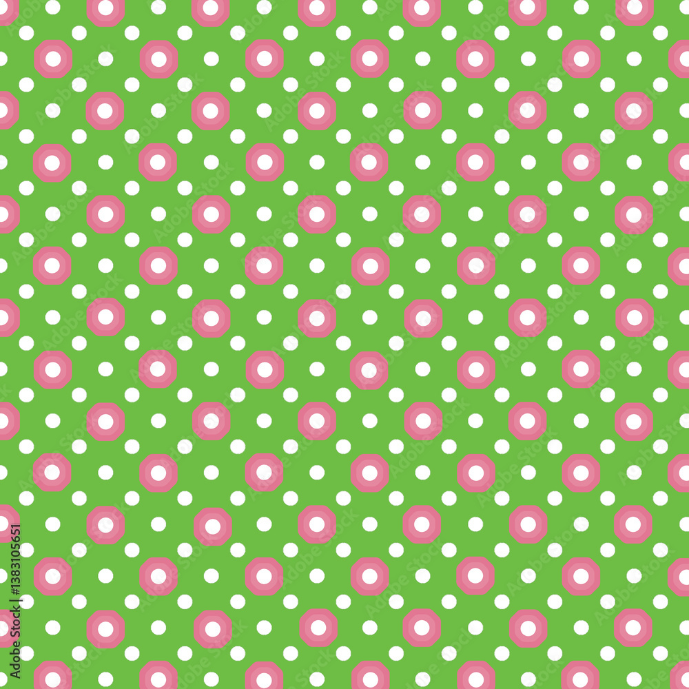 Polka dots design, Green background, seamless repeat pink and white dots pattern, gift wrap paper Polka dots design, Green background, seamless repeat pink and white dots pattern, gift wrap paper