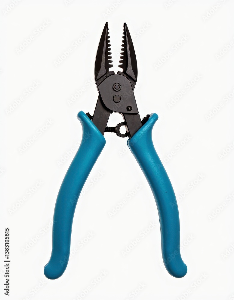 This image shows a pair of professional-grade pliers with black serrated jaws and bright blue handles. The pliers feature a sleek design with a pivot point in the center, allowing for gripping. This image shows a pair of professional-grade pliers with black serrated jaws and bright blue handles. The pliers feature a sleek design with a pivot point in the center, allowing for gripping.