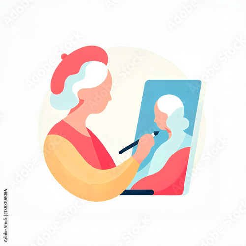 Senior woman painting her self-portrait with bright colors  