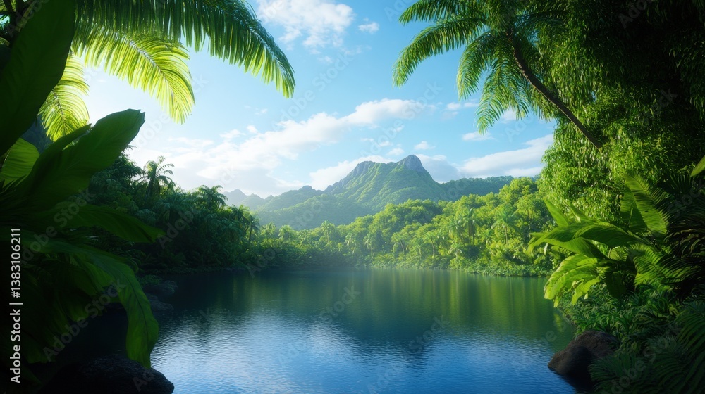 custom made wallpaper toronto digitalA serene tropical landscape featuring a calm lake surrounded by lush greenery and mountains under a bright sky.