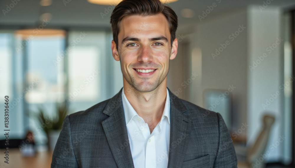 Modern portrait headshot of a friendly ceo executive business worker: A smiling, well-dressed man in a suit looks directly at the camera with a confident expression in a modern office setting. Modern portrait headshot of a friendly ceo executive business worker: A smiling, well-dressed man in a suit looks directly at the camera with a confident expression in a modern office setting.
