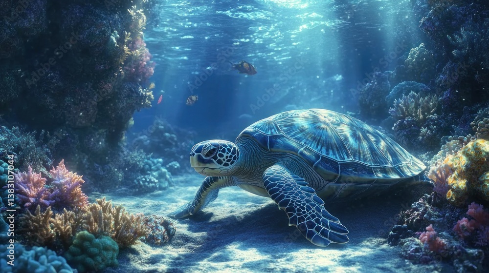 Fototapeta premium Sea turtle swimming coral reef ocean sunlight nature background