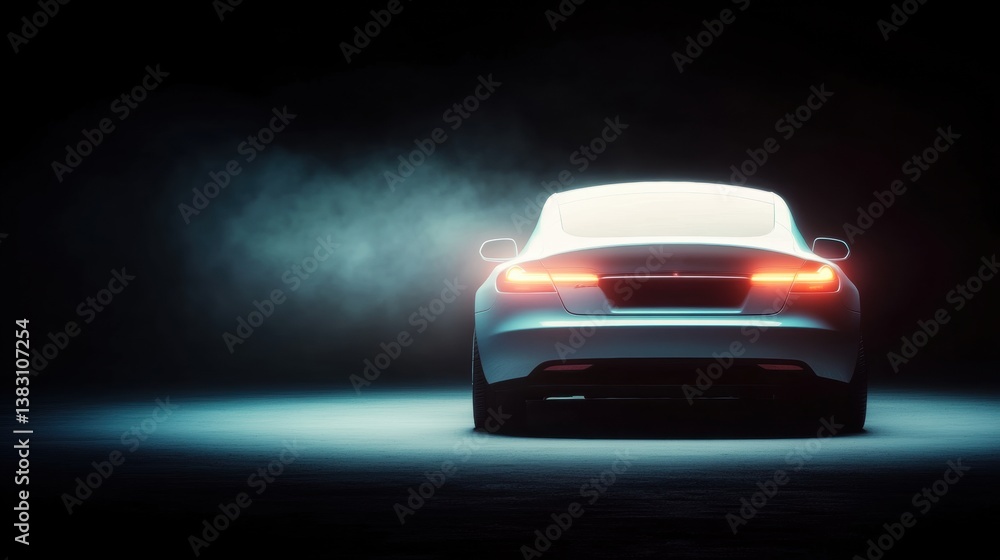 A white car stands in a dimly lit area, showcasing its sleek design and glowing brake lights while surrounded by mysterious mist A white car stands in a dimly lit area, showcasing its sleek design and glowing brake lights while surrounded by mysterious mist