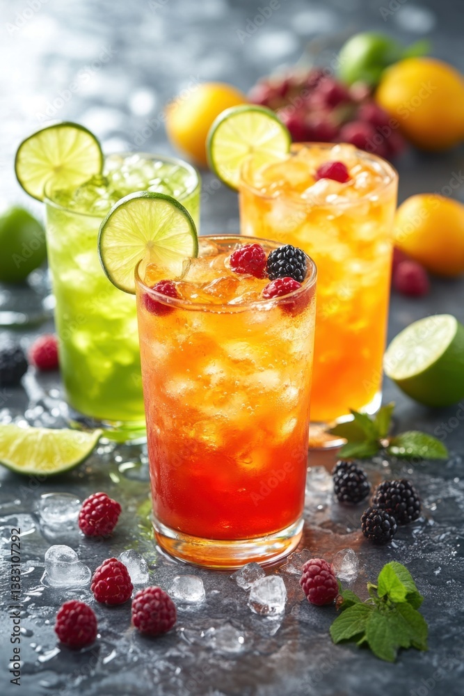 Refreshing summer cocktails with vibrant colors lime slices raspberries blackberries and ice cubes on a textured surface perfect for a tropical getaway Refreshing summer cocktails with vibrant colors lime slices raspberries blackberries and ice cubes on a textured surface perfect for a tropical getaway