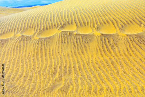 Obraz na płótnie Mesmerizing sand dune, adorned with intricate ripple patterns sculpted by the wind, creating a striking natural texture. Desert sand dune with distinct wind-formed striations w salonie