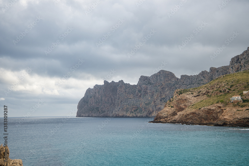 Fototapeta premium The Tramontana mountain range on the island of Mallorca seen from Cala Sant Vicent