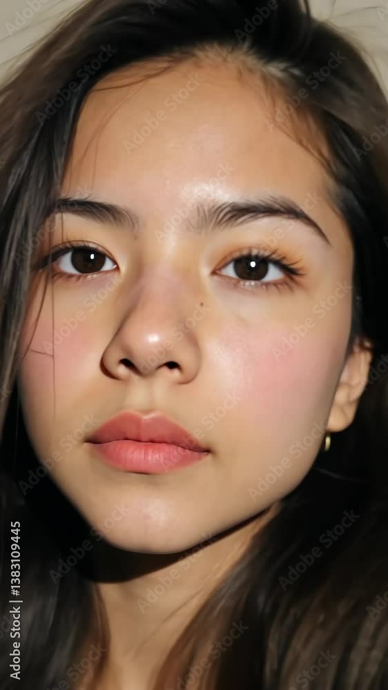 Young woman with natural makeup and soft expression in indoor setting during evening light Young woman with natural makeup and soft expression in indoor setting during evening light