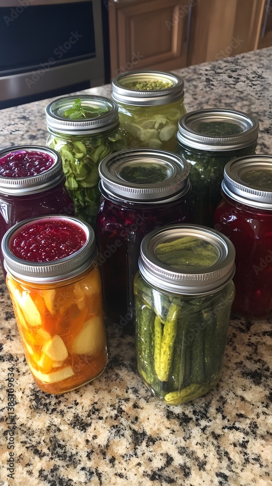 Homemade Preserves & Pickles on Kitchen Counter Homemade Preserves & Pickles on Kitchen Counter