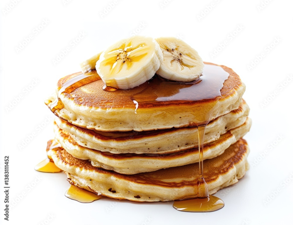 Stack of golden brown pancakes drizzled with syrup and topped with sliced bananas Stack of golden brown pancakes drizzled with syrup and topped with sliced bananas