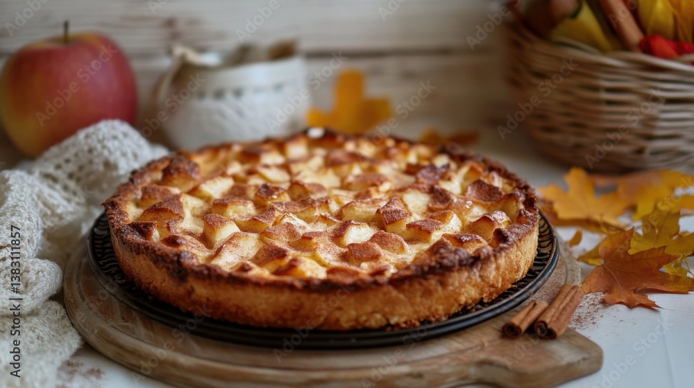 A freshly baked apple pie sits on a rustic wooden board, surrounded by fall foliage, evoking a cozy autumn atmosphere. Ready to eat. A freshly baked apple pie sits on a rustic wooden board, surrounded by fall foliage, evoking a cozy autumn atmosphere. Ready to eat.