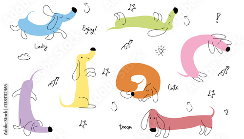 Doodle dogs print. Funny dachshund, childish scandinavian drawing puppy. Fabric design with cartoon pets, nowaday line animals vector background