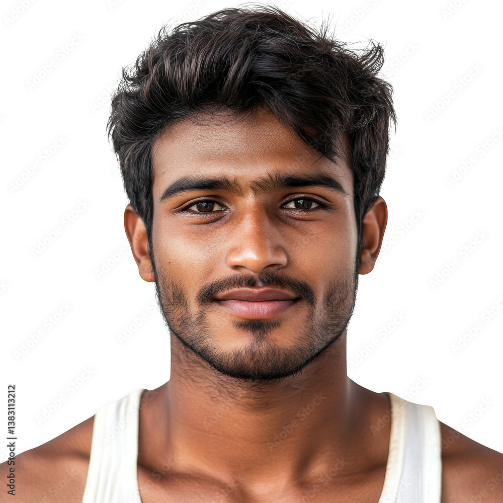 Obraz premium Portrait of a Young Indian man with a little sm isolated on transparent background
