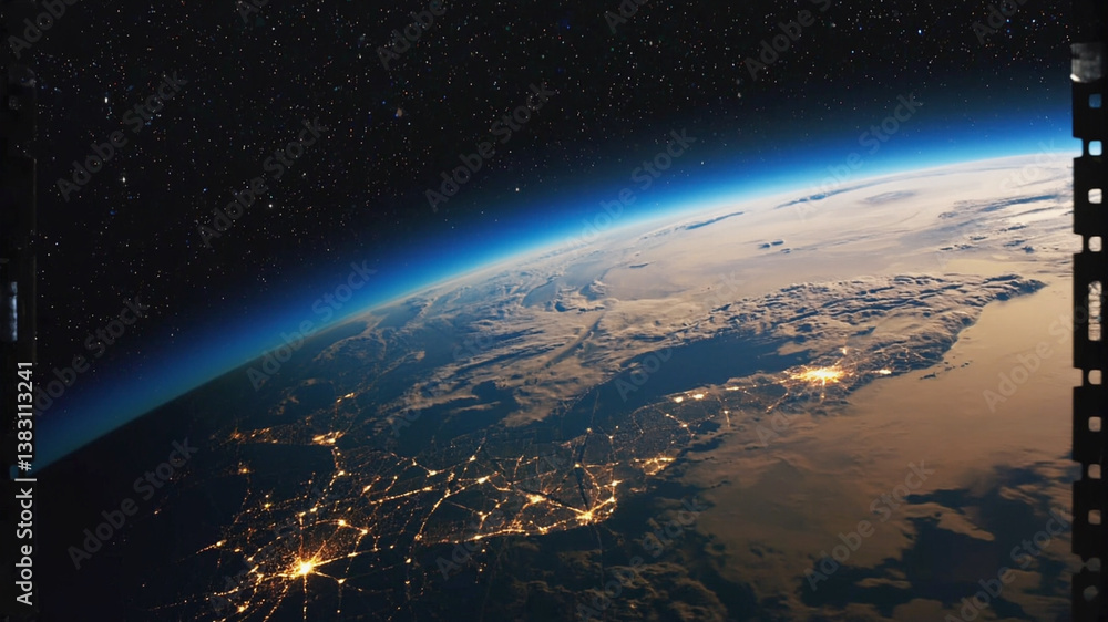 Fototapeta premium Earth view from space, bright cities, curving horizon, dark starry skies above