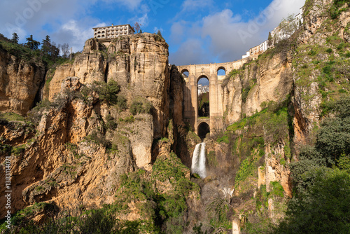 Sunset over the Roman bridge of Ronda, in the Sierra Nieves of Spain