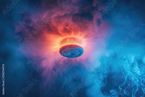 The smoke detector emits a bright red signal light surrounded by thick smoke during a fire. The device symbolizes safety, danger and fire prevention.