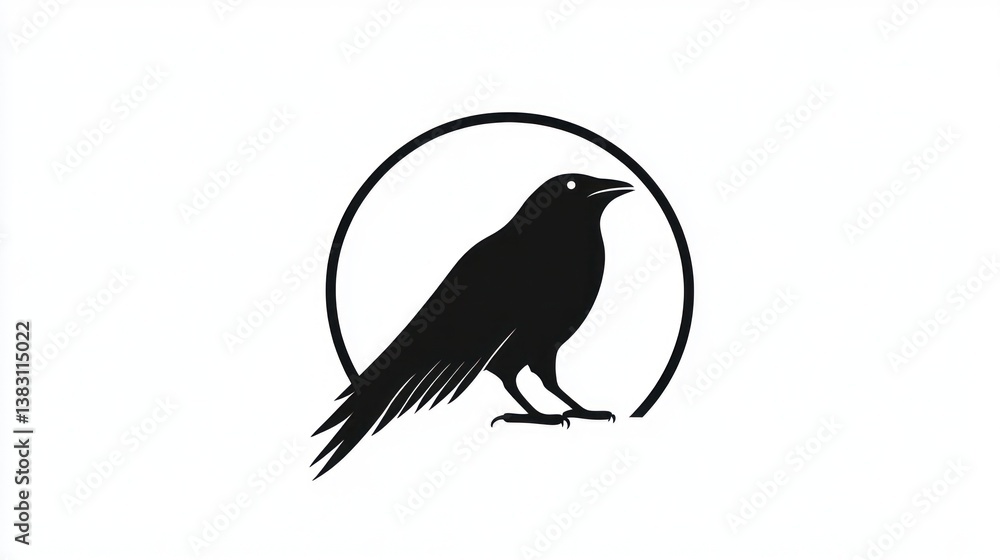 Obraz premium Silhouette of a crow in a circle, perched with its head looking forward, for logos