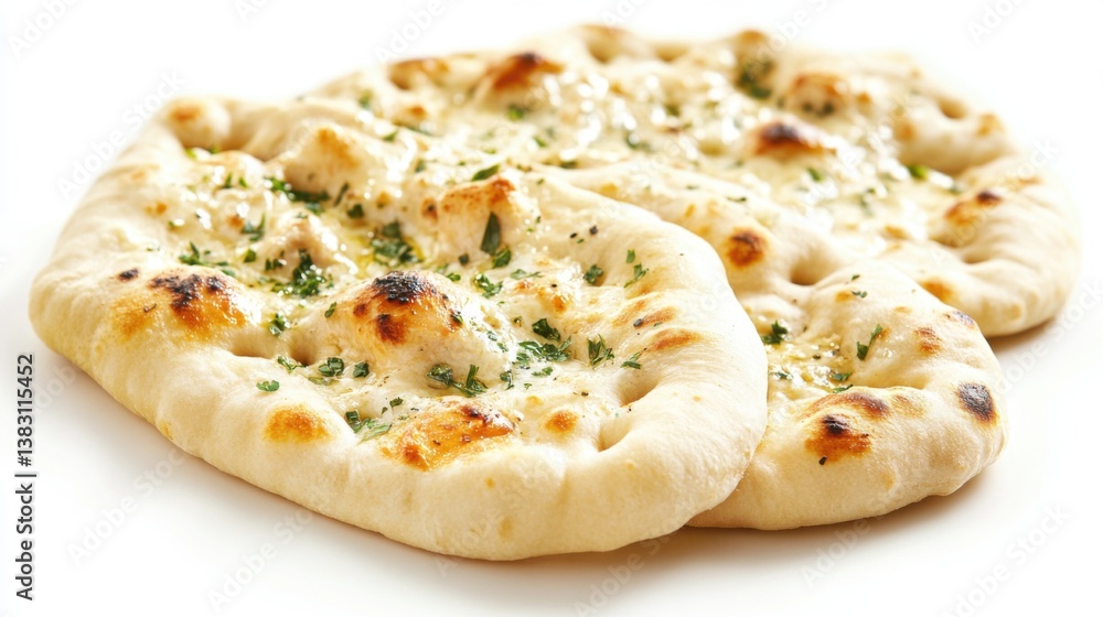 Close-up showcasing the texture of freshly baked flatbread, sprinkled with herbs, against a clean white background. Culinary delight awaits. Close-up showcasing the texture of freshly baked flatbread, sprinkled with herbs, against a clean white background. Culinary delight awaits.