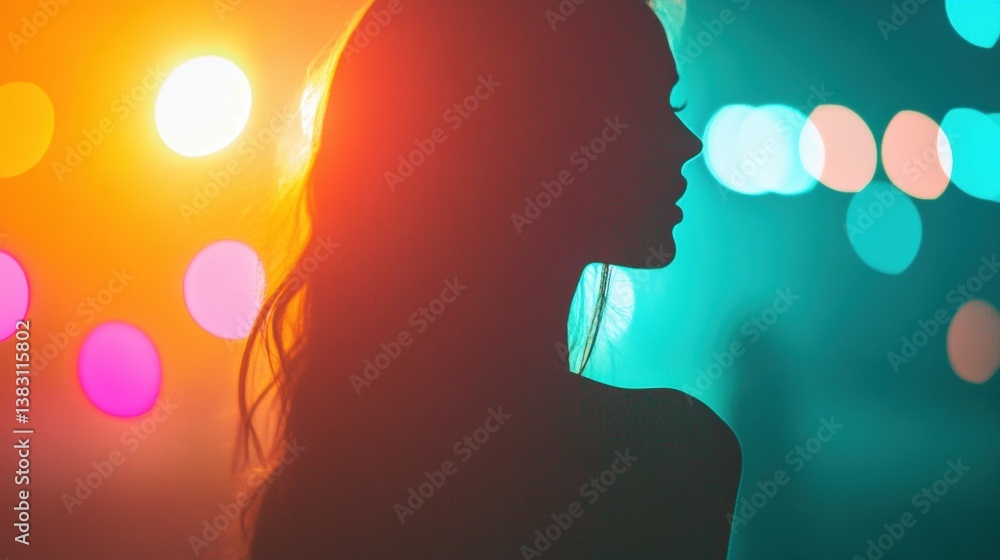 A woman is seen in profile with flowing hair, illuminated by vibrant lights during a lively evening event A woman is seen in profile with flowing hair, illuminated by vibrant lights during a lively evening event