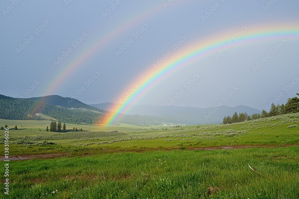 Clear sky after a storm with rainbow over green meadows Clear sky after a storm with rainbow over green meadows