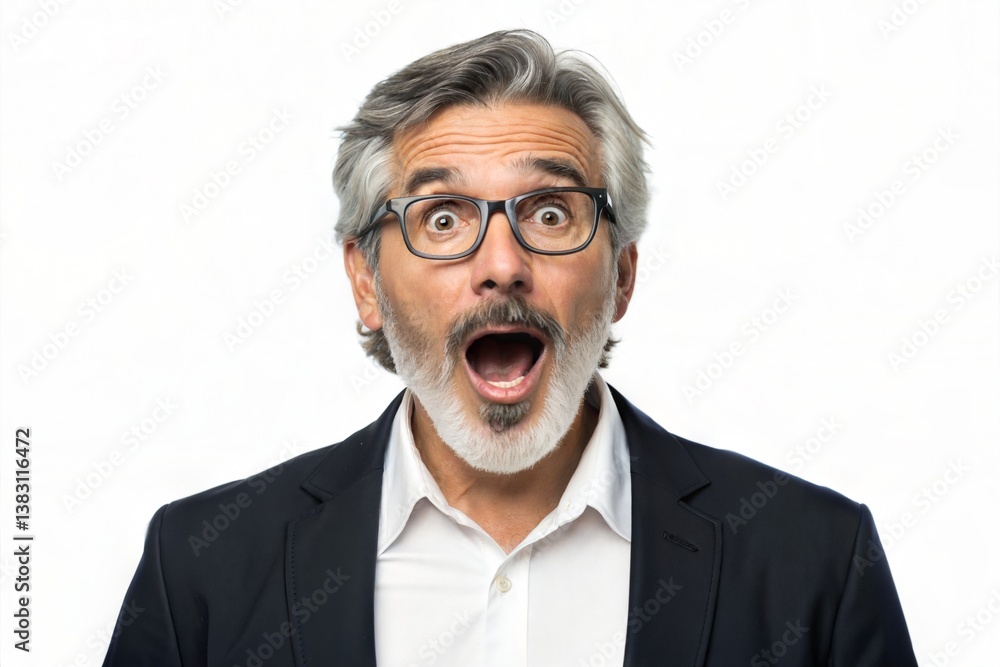 Shocked elderly man with open mouth and raised eyebrows wearing glasses and business attire on white background, studio portrait expressing astonishment, emotion, or surprise reaction concept Shocked elderly man with open mouth and raised eyebrows wearing glasses and business attire on white background, studio portrait expressing astonishment, emotion, or surprise reaction concept