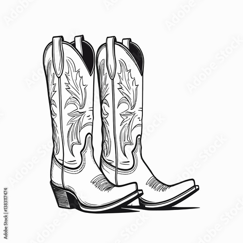 Western Cowboy Boots Line Art Design Illustration