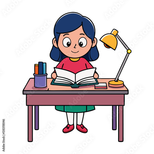 Cartoon girl sitting at a desk reading a book Art & Illustration