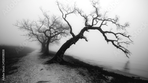 A solitary tree shrouded in mist on a foggy day