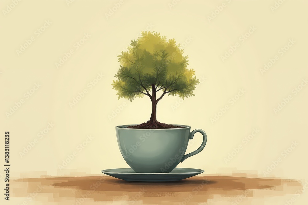 Tree growing in coffee cup: surreal nature concept
