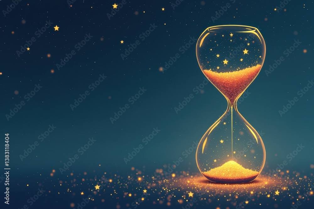 Hourglass with golden sand starry night background