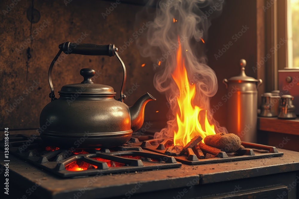 Kettle on stove with vibrant flames creating cozy warmth