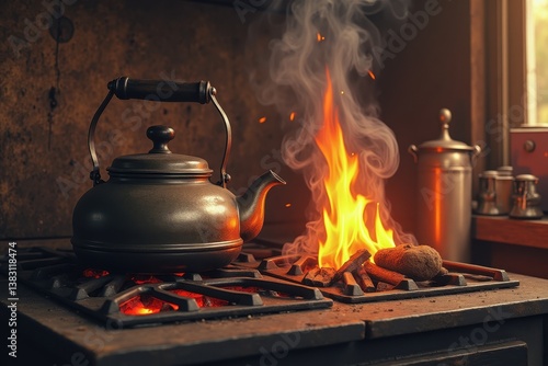 Obraz na płótnie Kettle on stove with vibrant flames creating cozy warmth w salonie