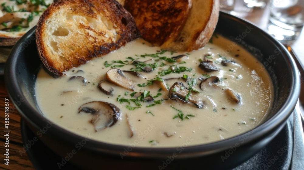 Creamy mushroom soup garnished with fresh parsley and accompanied by grilled bread, perfect for a cozy meal. A delicious comfort food Creamy mushroom soup garnished with fresh parsley and accompanied by grilled bread, perfect for a cozy meal. A delicious comfort food