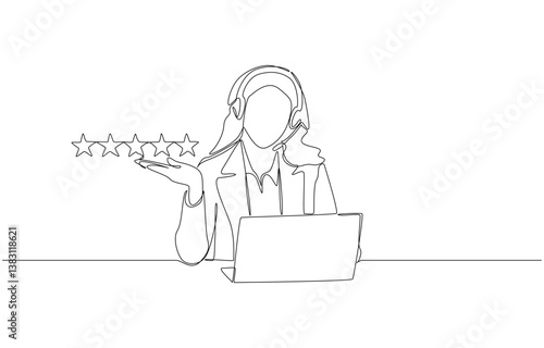 Continuous one line drawing of female customer service representative giving 5 stars, providing best customer care concept, single line art
