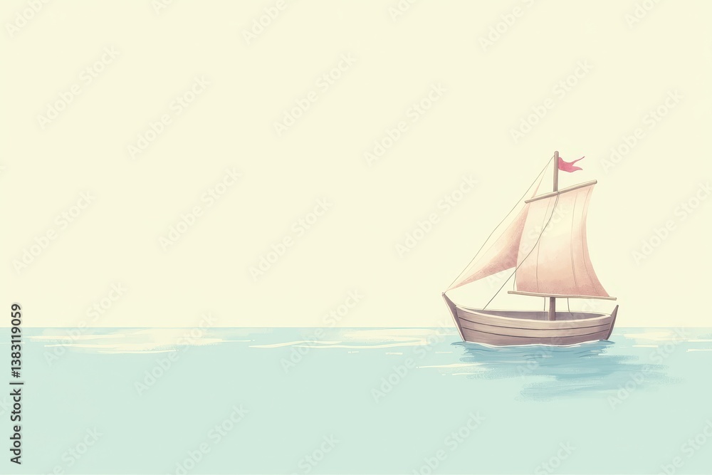 Sailing boat on calm sea with pastel colors