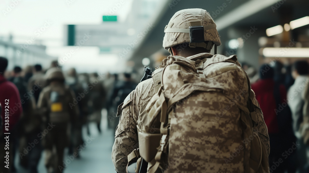 A soldier in camouflage gear and helmet stands at an airport terminal with fellow military personnel in the background. A soldier in camouflage gear and helmet stands at an airport terminal with fellow military personnel in the background.