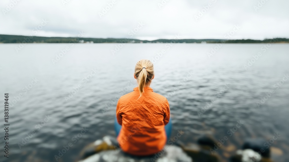 Fototapeta premium A person in an orange jacket gazes at the calm water under a cloudy sky, enjoying a peaceful moment alone