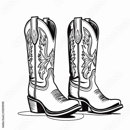 Western Cowboy Boots Line Art Design Illustration