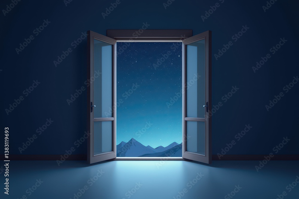 Open window revealing starry mountain night sky