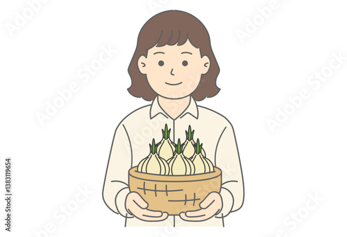 Woman Holding a Basket of White Onions


